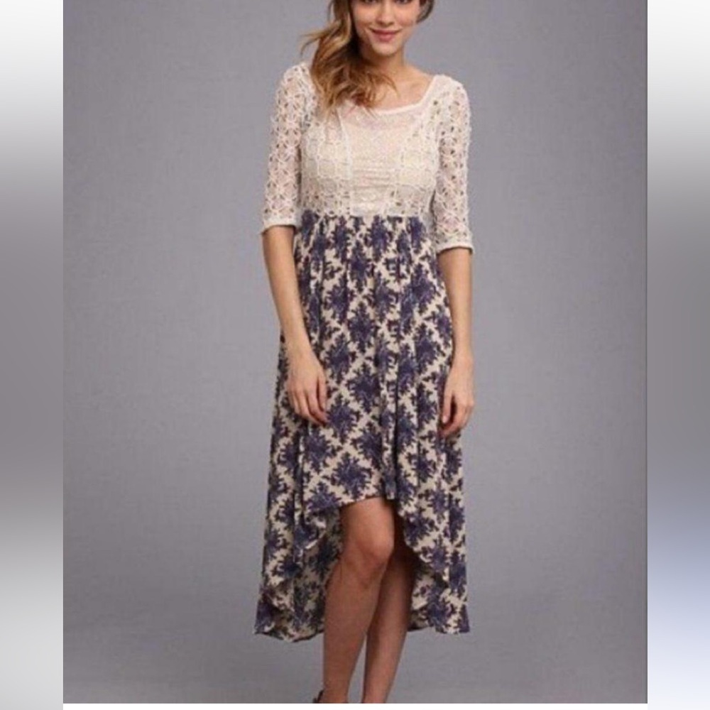 Free People Cream and Blue High-Low Dress
